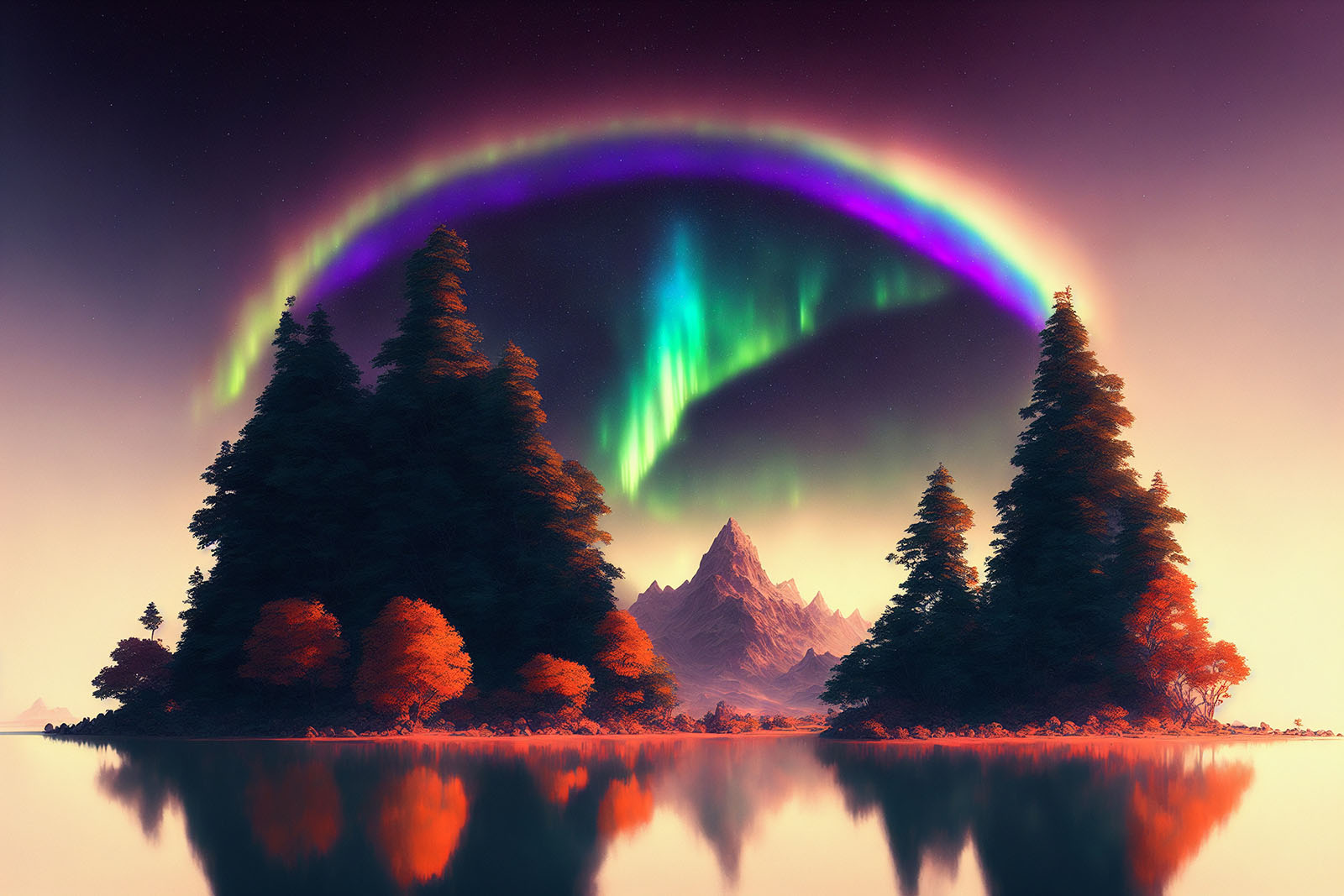 A landscape oriented image of an island with giant pine trees to the left and right, and some smaller trees that have orange leaves in front of those pine trees. There is a break in the center of the trees that shows a faraway mountain, and above the mountain in the sky are aurora borealis, green and aqua tint. Above the trees, and spanning from the left side to the right, is an aurora rainbow that makes a semicircle curve.