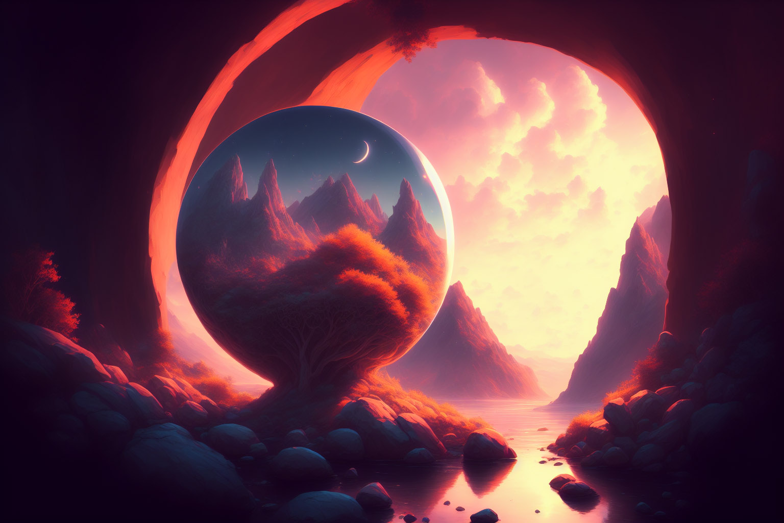 A landscape oriented image of the interior of a cave, viewing out toward the mouth. Within the cave is water, linked to the ocean outside. There are a lot of small rocks and boulders around us, and right in front of us, still within the cave and inside the mouth, is a sphere that is growing from a tree anchored into the rocks below. Within the sphere is the top of the tree, and above the tree are mountains with the moon above it, all still enclosed in the sphere. The entire image is deeply saturated with a warm, reddish glow and light.